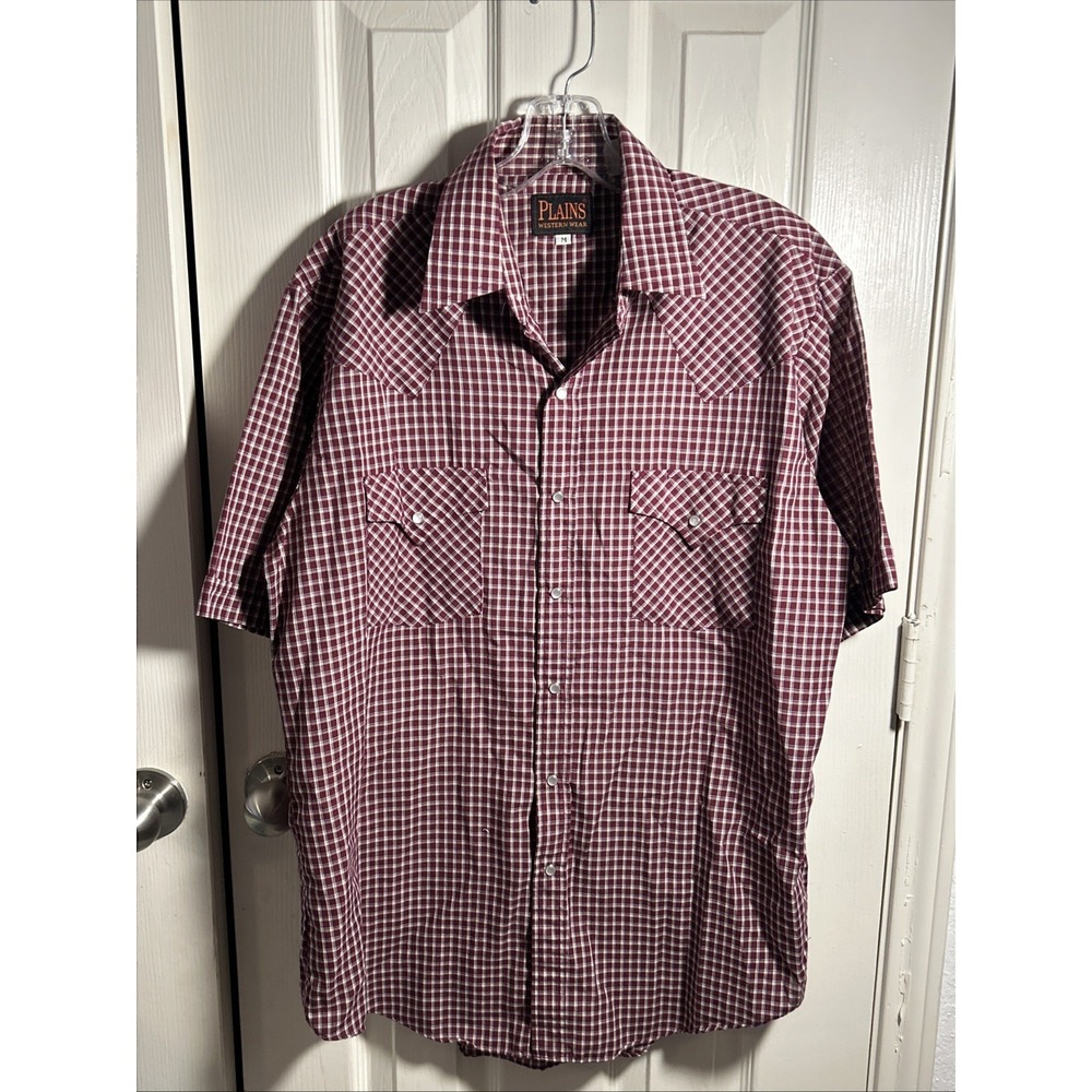 Vintage Plains Western Wear Shirt M Red Plaid Pearl Snap‎